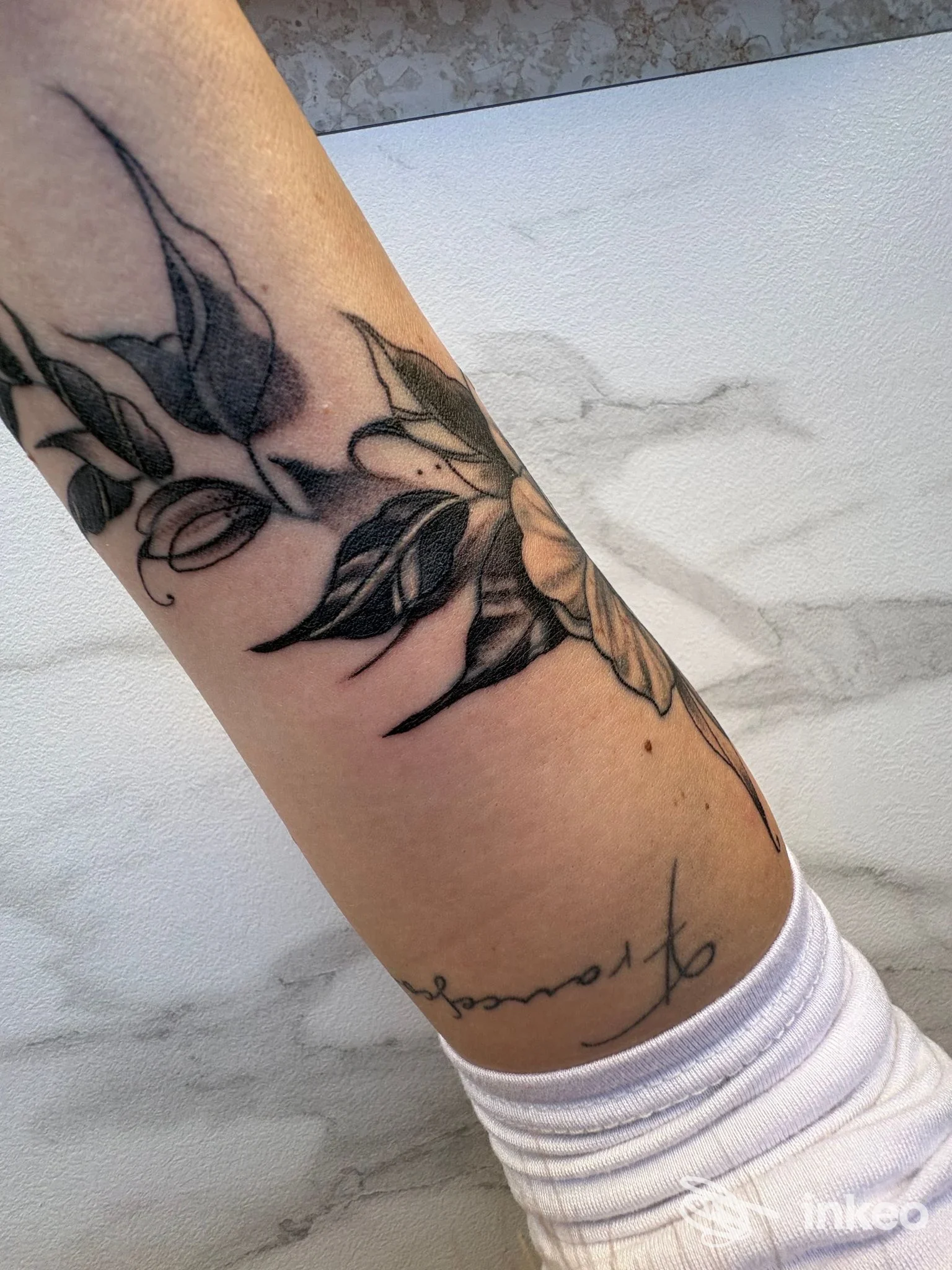 Tatuaggio blackwork a foglie e fiore sull'avambraccio, fotografia fornita da Recler Art Studio, San Giorgio di Nogaro.