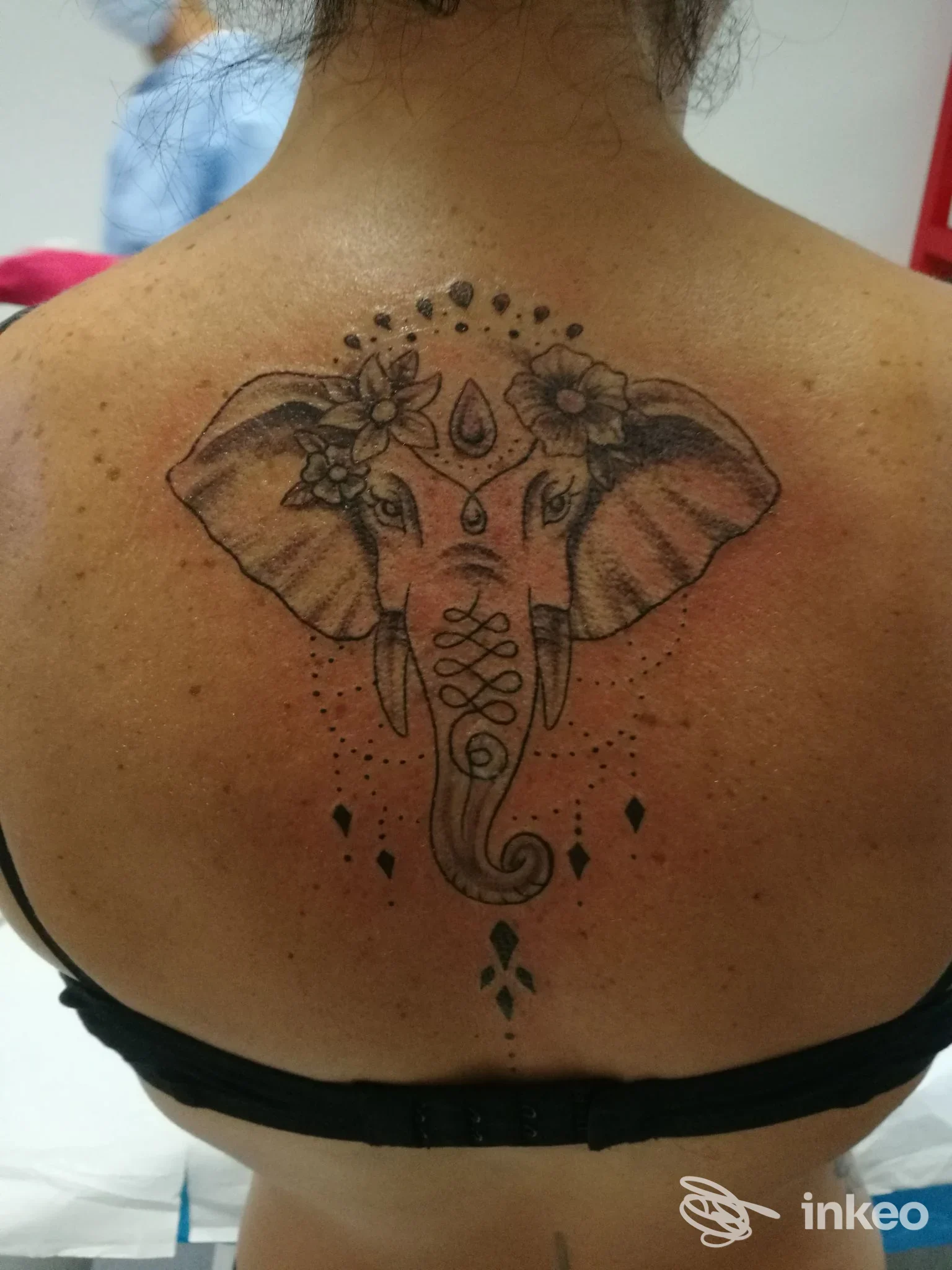 Tatuaggio a tema elefante con fiori e decorazioni sull'alto della schiena, foto inviata da Recler Art Studio, San Giorgio di Nogaro.