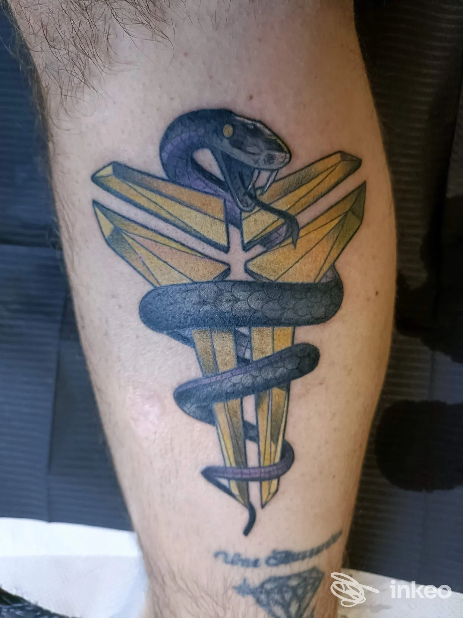 Tatuaggio su polpaccio con serpente avvolto attorno a una forma geometrica, foto fornita da Impressionist Art Tattoo, Udine.
