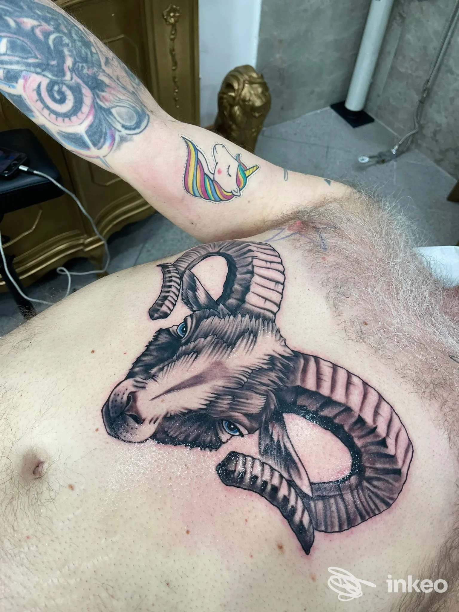 Tatuaggio a tema ariete in bianco e nero sul petto, foto fornita da Trieste Ink, Trieste.