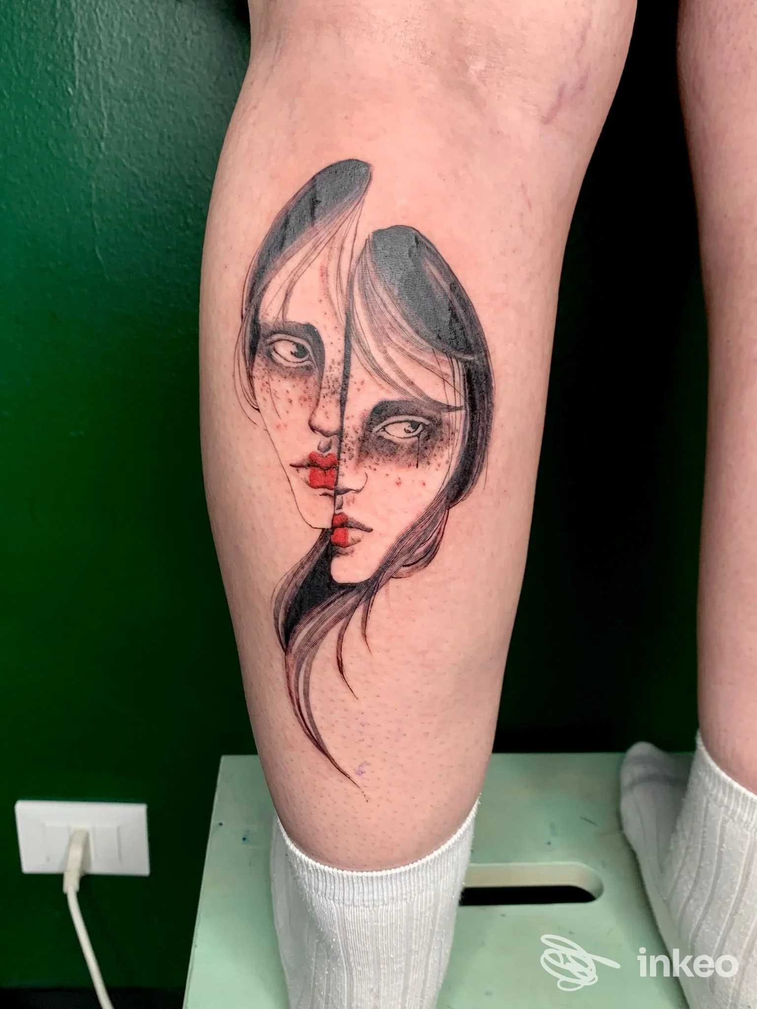 Tatuaggio sul polpaccio con due volti stilizzati, linee sottili e tocchi rossi — Needless Tattoo Studio, Udine.