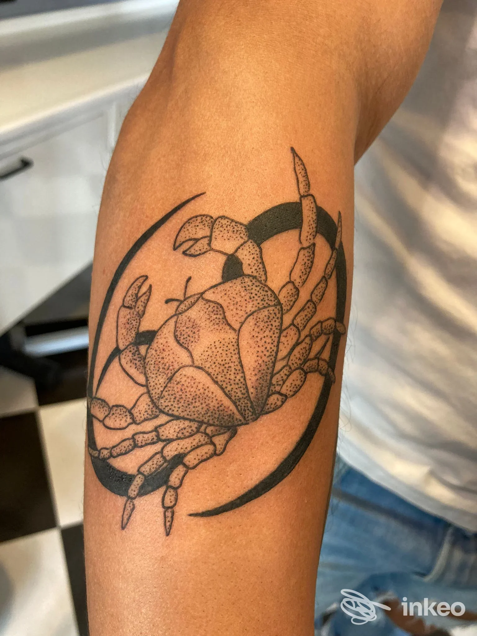 Tatuaggio a granchio in stile dotwork/blackwork su avambraccio, fotografato da Leonardo Tatuaggi a Trieste.