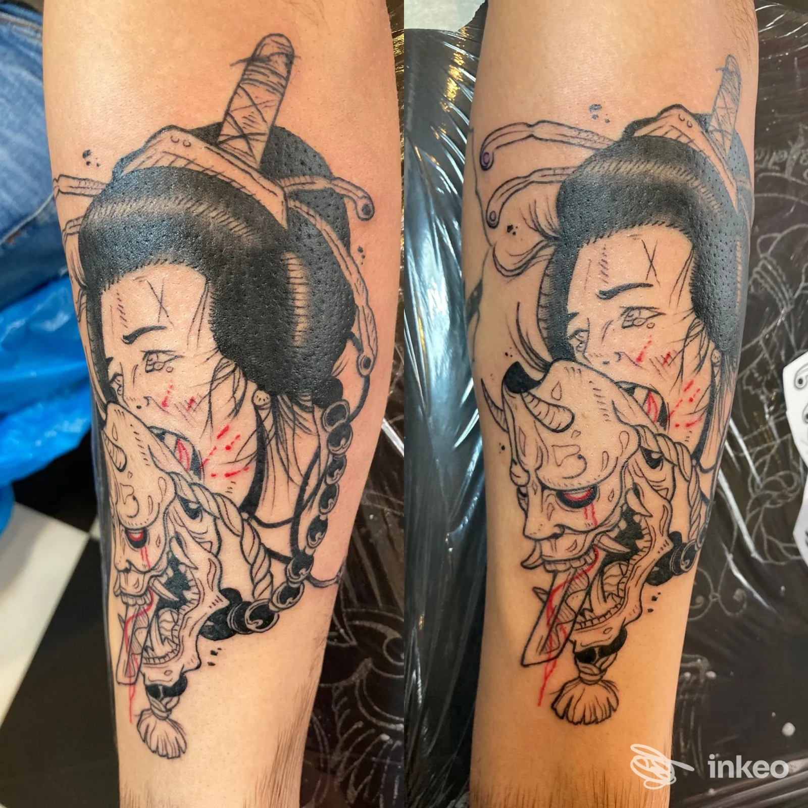 Due avambracci tatuati con figure mascherate e dettagli lineari, fotografia scattata in studio Leonardo Tatuaggi, Trieste.