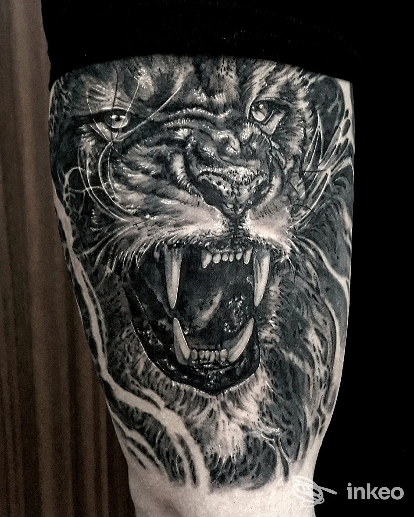 Tatuaggio realistico in bianco e nero di un leone ruggente sull'interno coscia, lavoro di David Ferroni a Gorizia.
