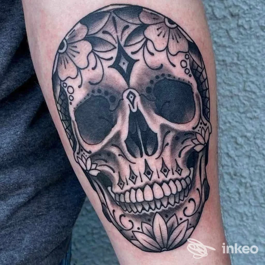 Tatuaggio teschio decorato in bianco e nero sull'avambraccio, dettaglio realizzato da Peue Tattoo a Castions.