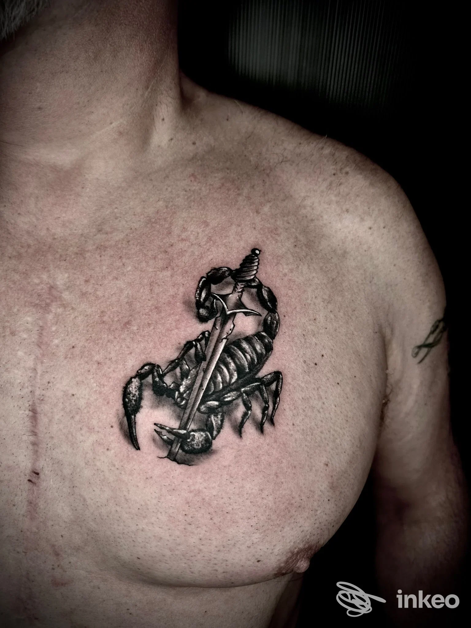 Tatuaggio a scorpione trafitto da una daga sul petto, fotografia inviata dallo studio Silver Angel Tattoo Studio di San Vito al Tagliamento.