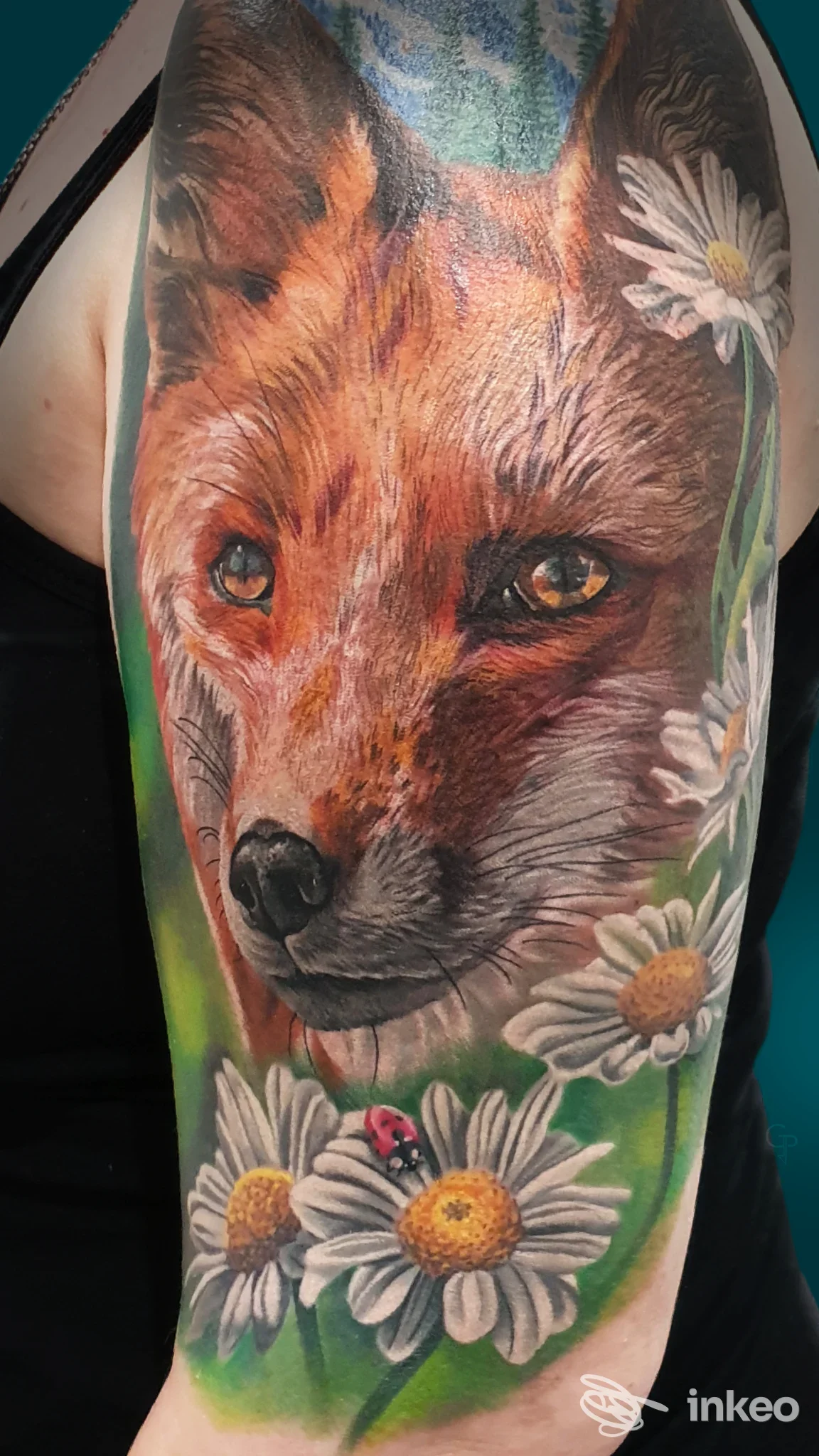 Tatuaggio realistico di una volpe con margherite e coccinella sul braccio superiore, Castelli in aria, Gorizia.