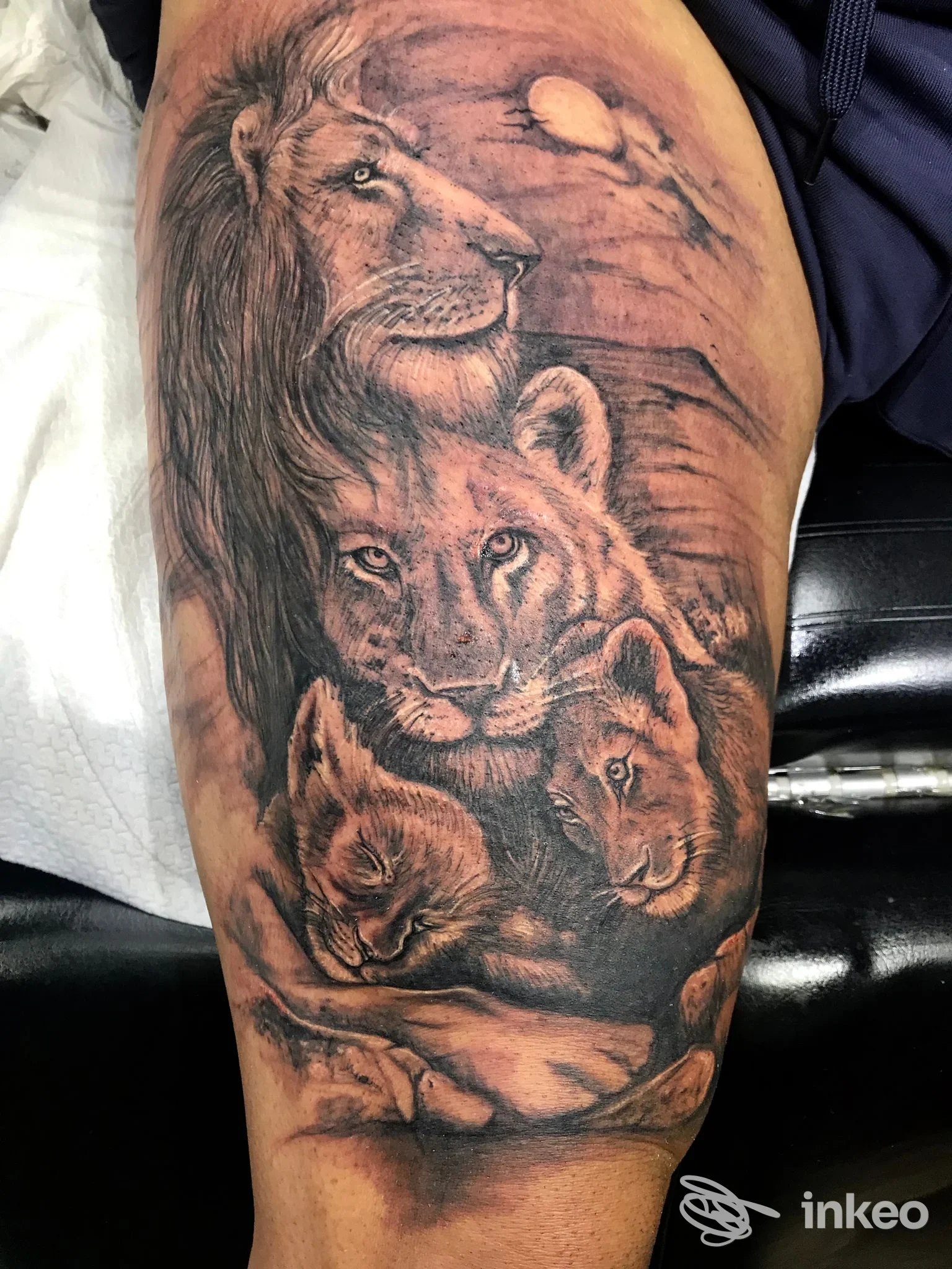 Tatuaggio realistico in bianco e nero con leoni e cuccioli sulla coscia, realizzato da AG Ink Tattoo Shop a Roma.