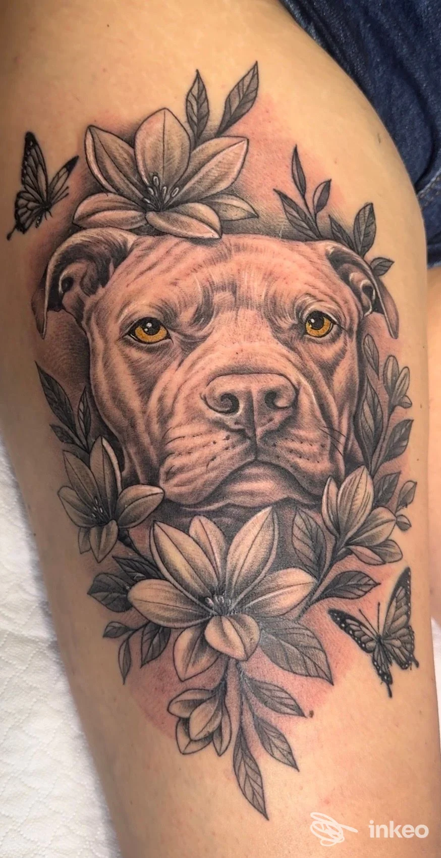 Tatuaggio realistico su coscia con volto di cane circondato da fiori e farfalle, fotografia inviata da Ago Matto Tattoo, Roma.