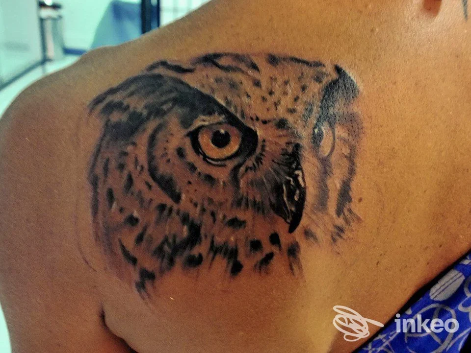 Grande tatuaggio realistico di testa di gufo in bianco e nero sulla spalla/alto dorso, foto in studio. Assosacro Tattoo Shop, Colleferro.