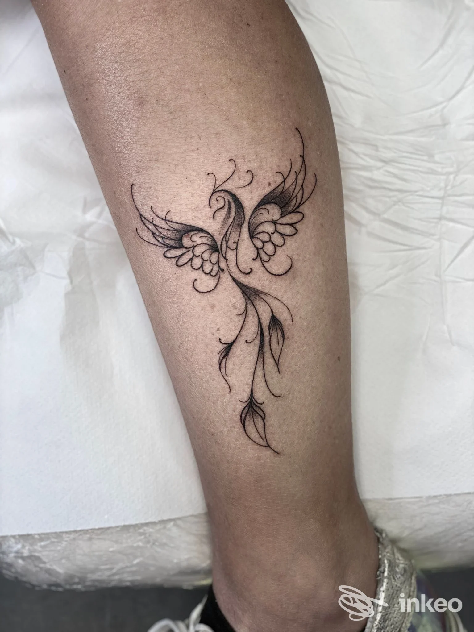 Tatuaggio ornamentale nero a forma di uccello sul polpaccio, foto fornita da Black Heart Tattoo Studio Ivan Petrone - Cassino.