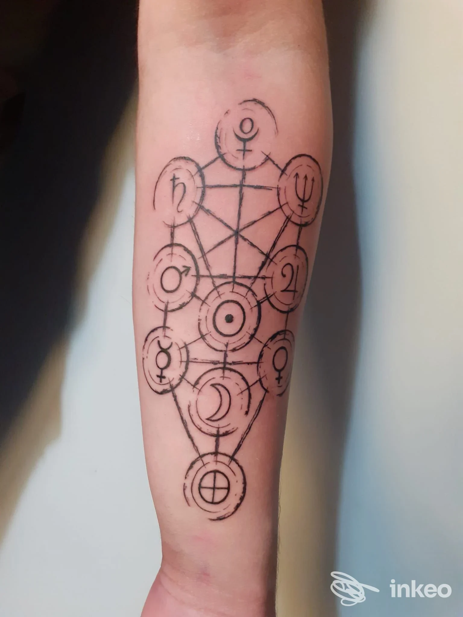 Tatuaggio geometrico e simbolico sull'avambraccio realizzato da BlackStone Tattoo Studio & Piercing a Frosinone.