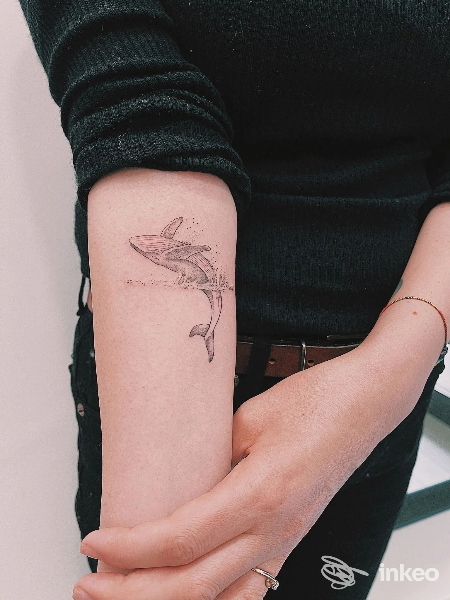 Avambraccio con tatuaggio di uno squalo in nero/grigio, foto proveniente da Cella Tattoo Roma, Roma.