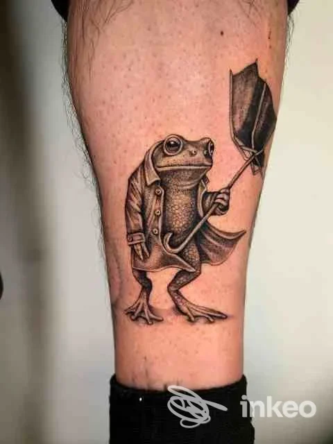 Tatuaggio sul polpaccio raffigurante una rana con ombrello, foto fornita da Core Latino Tatuaggi, Roma.