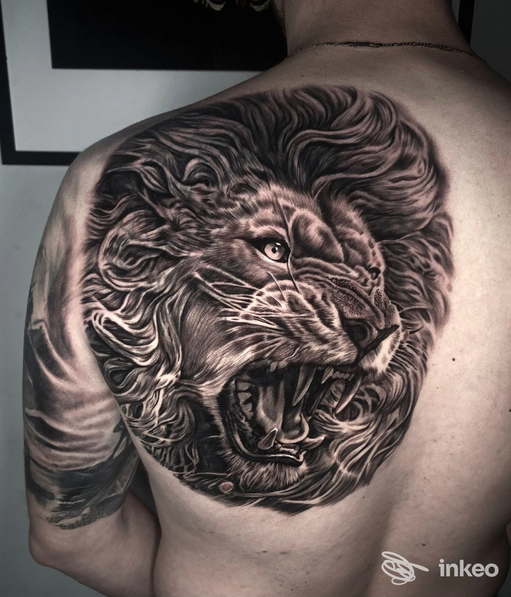 Tattoo realistico di un leone ruggente sulla spalla e sulla parte alta della schiena, eseguito in tonalità grigio/nero, con dettagli sulla criniera e zanne.