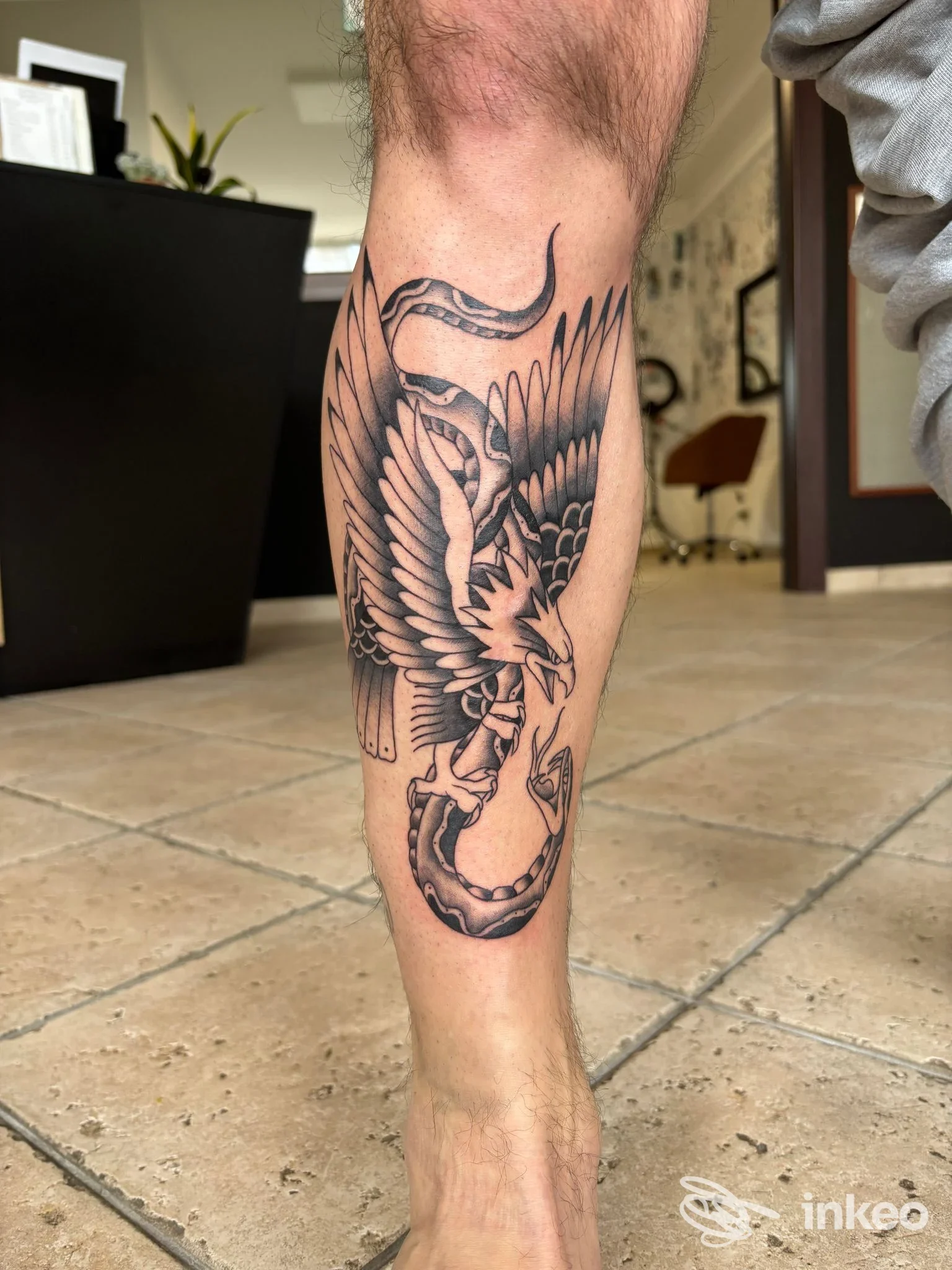Tatuaggio in nero su polpaccio maschile: un'aquila con ali spiegate che afferra un serpente. Giordano Marinelli Tattoo Studio, Supino.