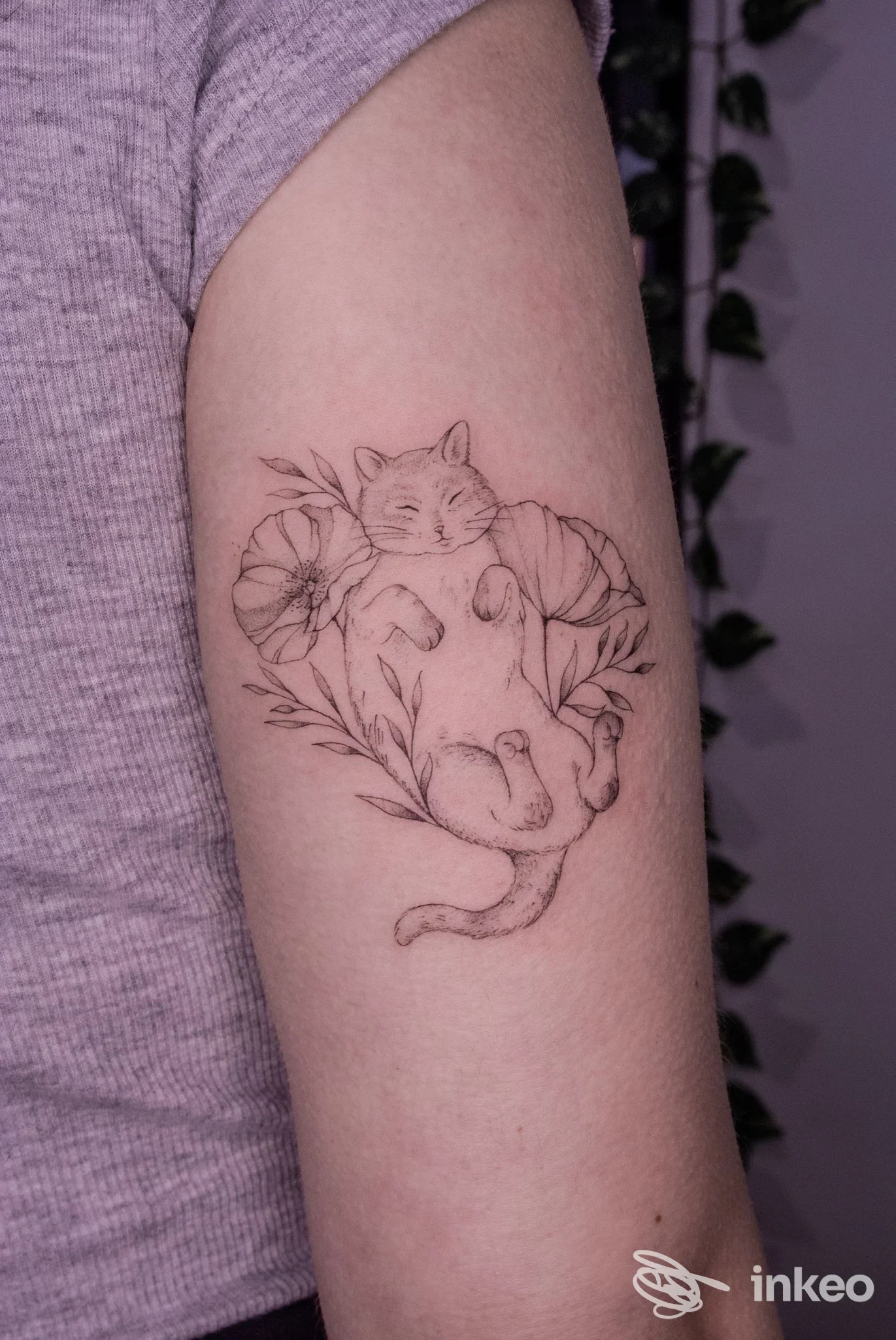 Tatuaggio fine line di un gatto che dorme tra fiori sull'avambraccio, realizzato da Julia Tattoo Lab a Grottaferrata.