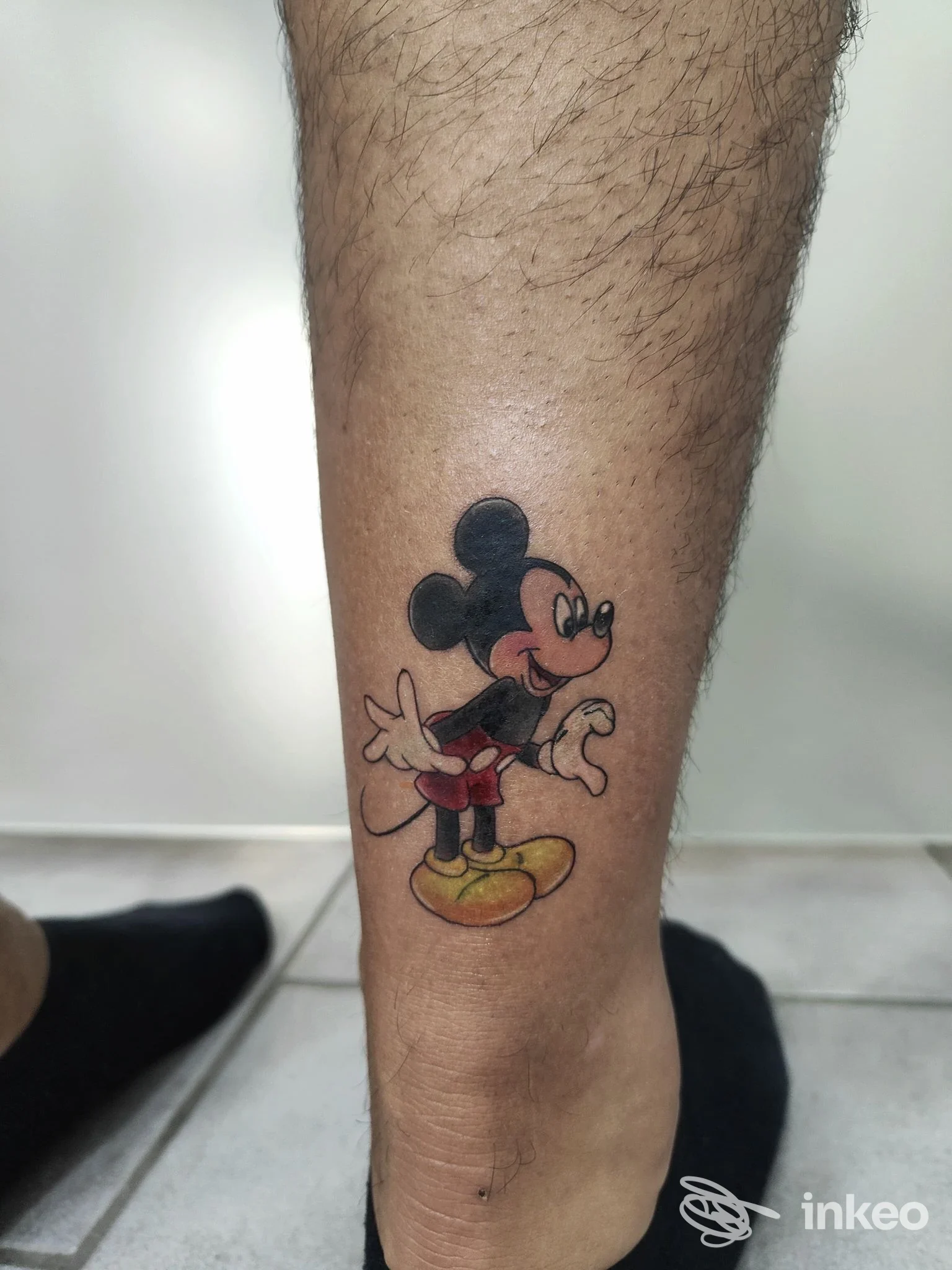 Tatuaggio a colori di un personaggio animato sul polpaccio, foto fornita da Indelible Art tattoo studio, Roma.