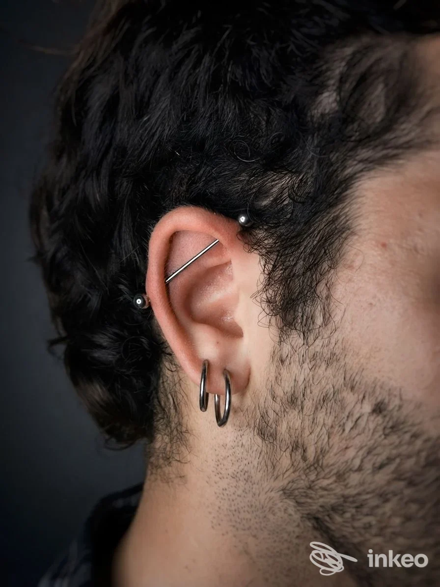 Primo piano dell'orecchio con più piercing, foto fornita da MARKBODYMOD - PIERCING ROMA, Roma.