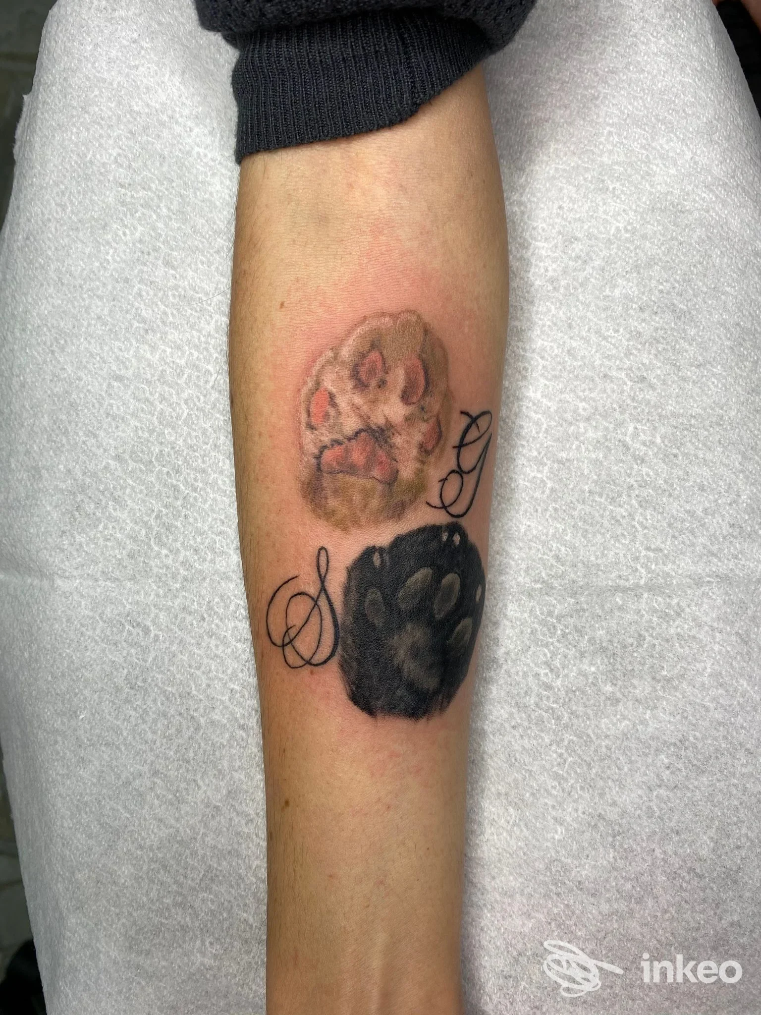 Due impronte di zampe tatuate sull'avambraccio, con lettere in stile script; foto dello studio MASTRO TATTOO a Roma.