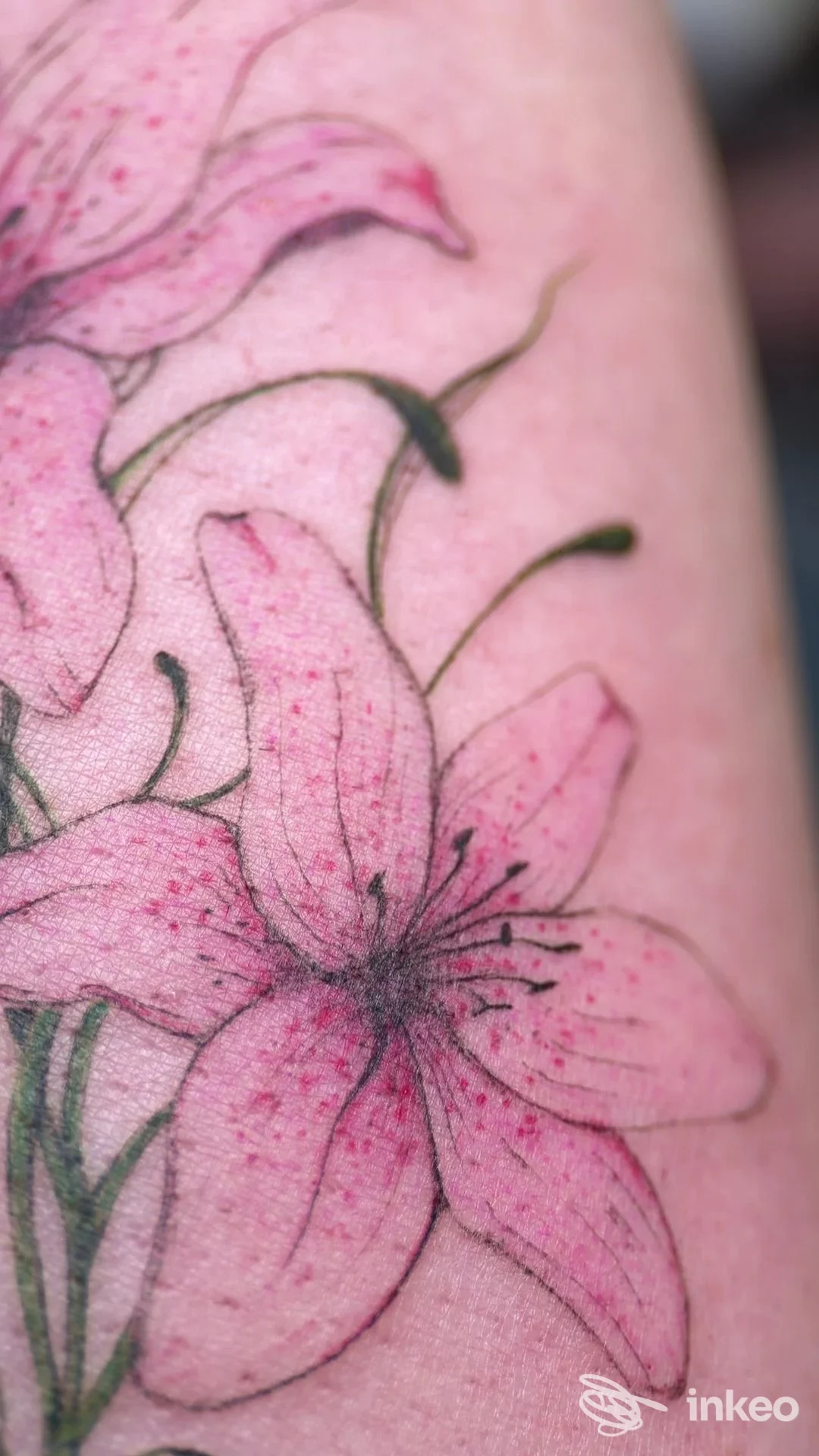 Dettaglio di un tatuaggio floreale rosa su avambraccio, fotografia inviata per MAXIMO Tattoo Studio, Roma.