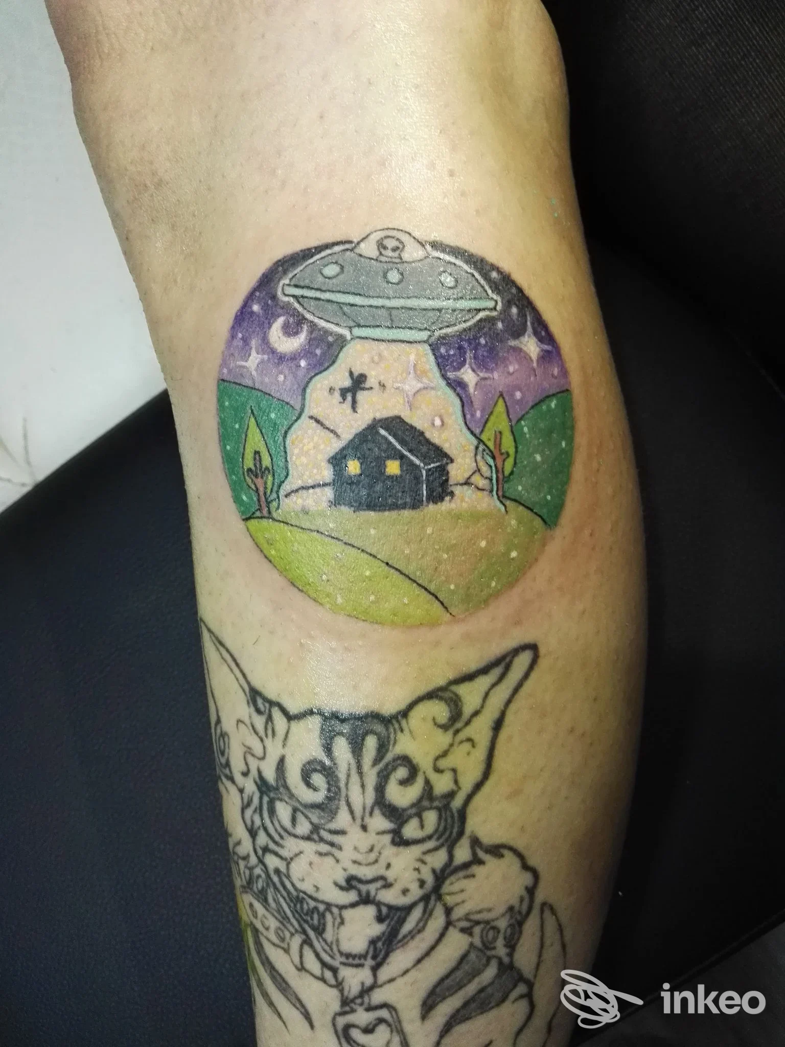 Tatuaggio colorato con UFO che illumina una casa su collina e tatuaggio nero di un gatto, realizzati da La Laguna delle Sirene Tattoo, Roma.
