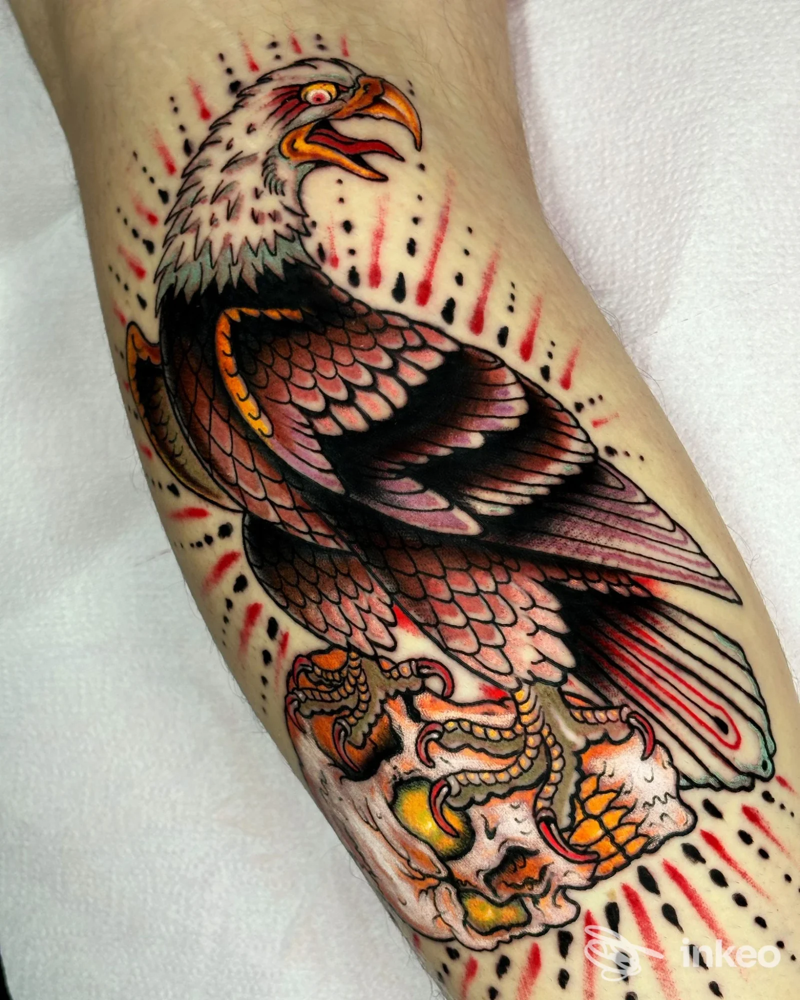 Tatuaggio neo-traditional di un'aquila con teschio su pelle, foto realizzata per Metropolis Shop Roma Tattoo & Barber a Roma.