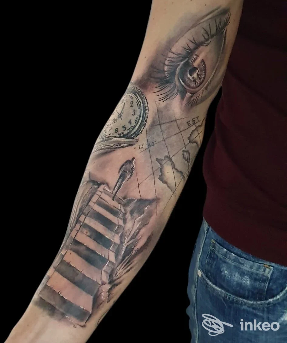 Avambraccio tatuato in stile realistico con scala, bussola e occhio, foto fornita da Sailor Fred Tattoo studio a Fondi.
