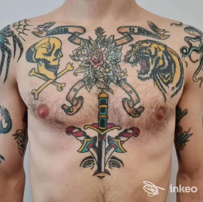 Torace maschile tatuato con teschio, tigre e pugnale floreale — Seabird Studio - Tattoo & Piercing, Roma.