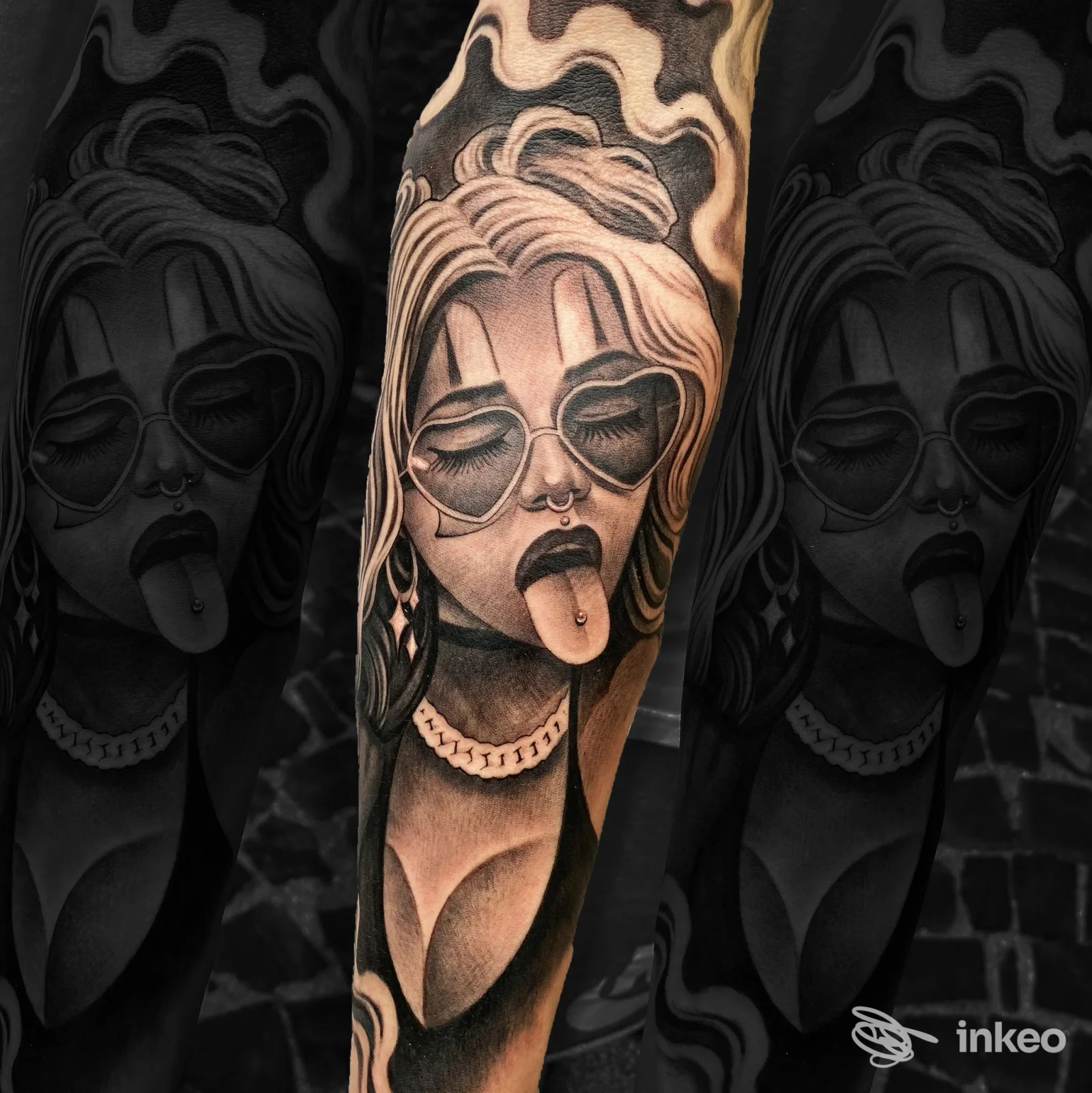 Tatuaggio realistico su avambraccio raffigurante una donna con occhiali a cuore e piercing; Self Made Tattoo Shop, San Giovanni Incarico.