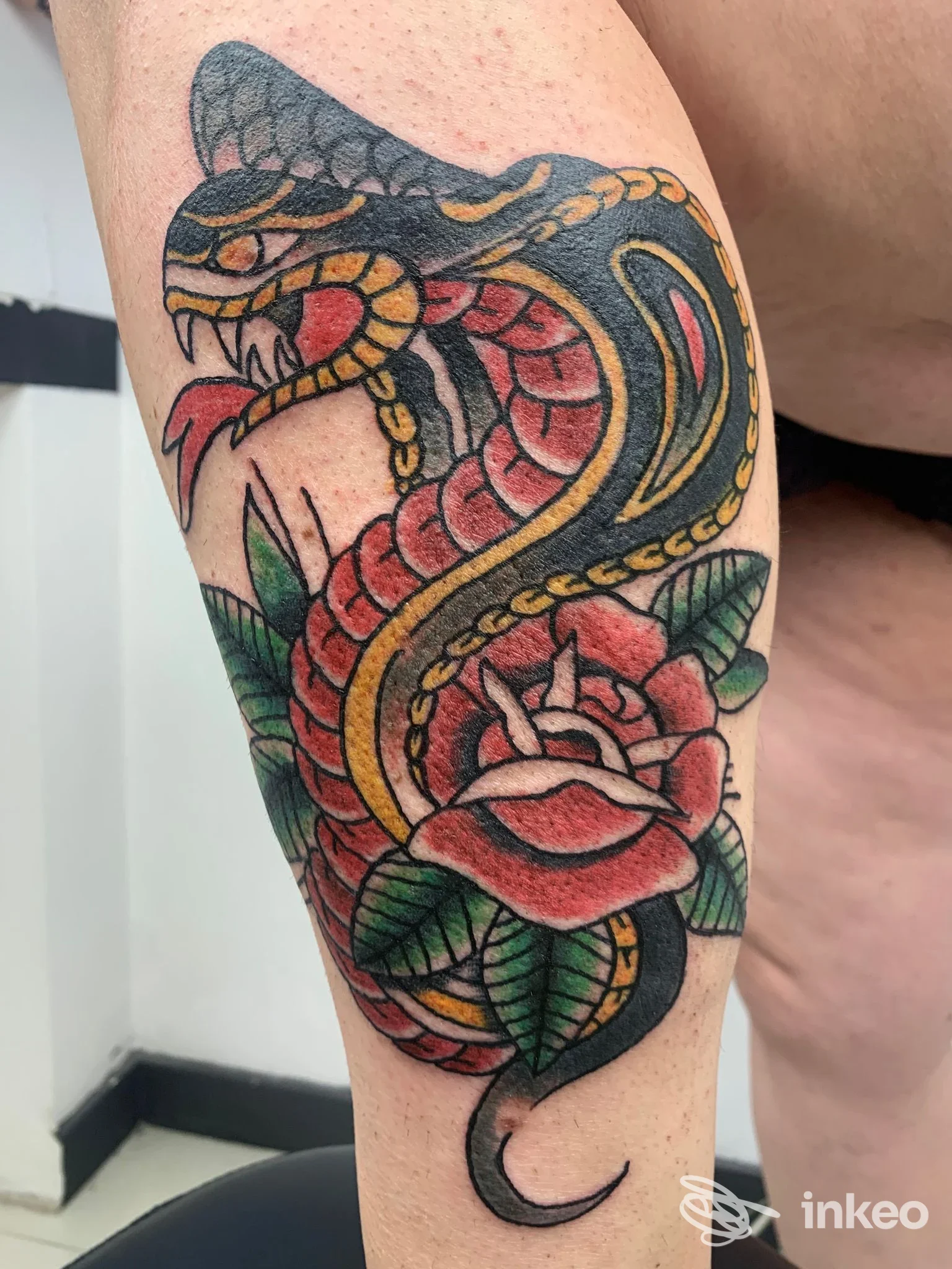Tatuaggio serpente e rosa sul braccio, foto fornita da T.P. Tracce Permanenti Di Palumbo Alessio, Tivoli Terme.