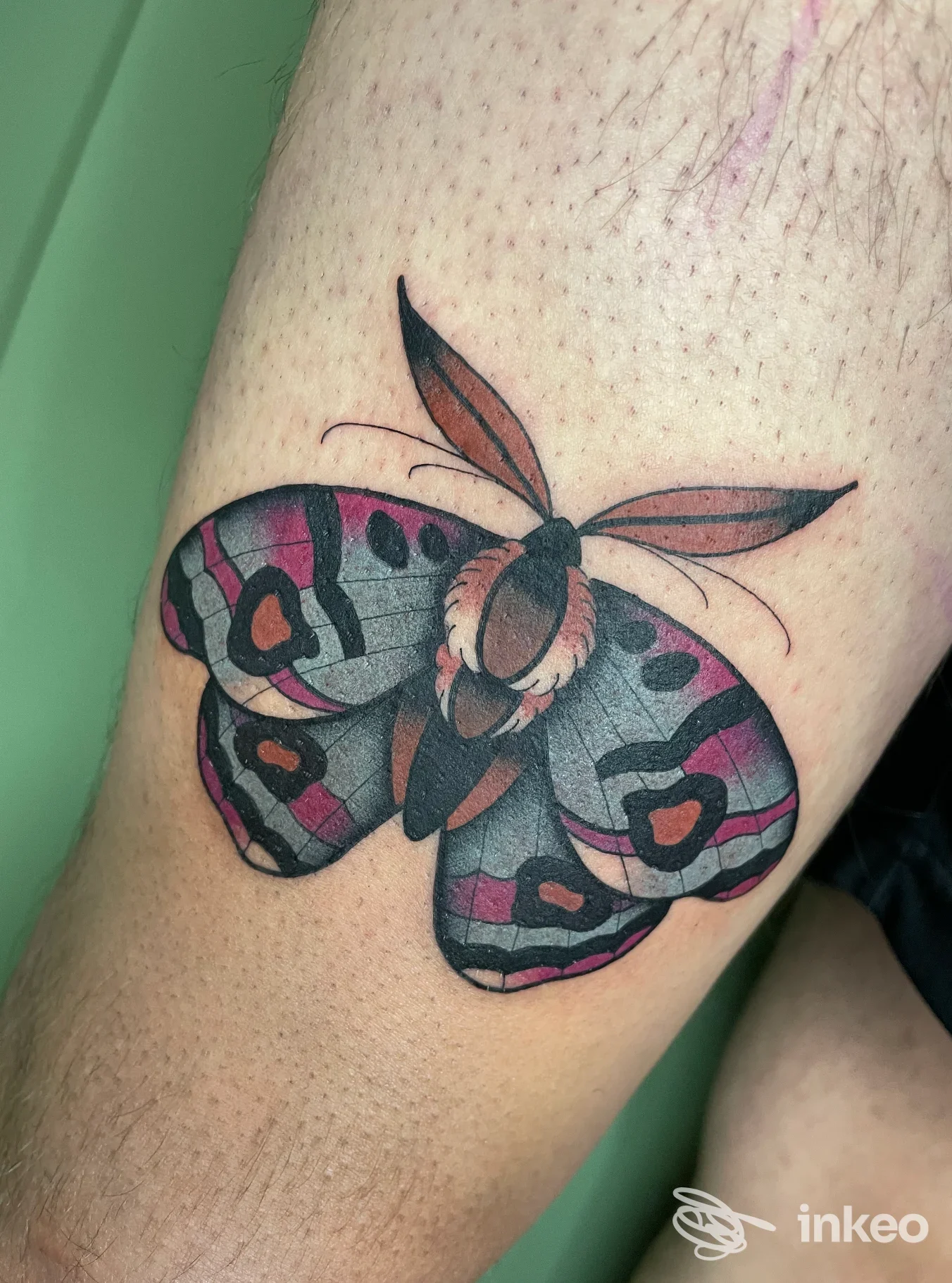Tatuaggio a forma di falena colorata sulla coscia, realizzato da Sunakai - Tattoo & Piercing a Roma.
