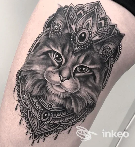 Tatuaggio realistico in nero e grigio di un volto di gatto con decorazioni sulla coscia, Swan Song Tattoo Marconi, Roma.