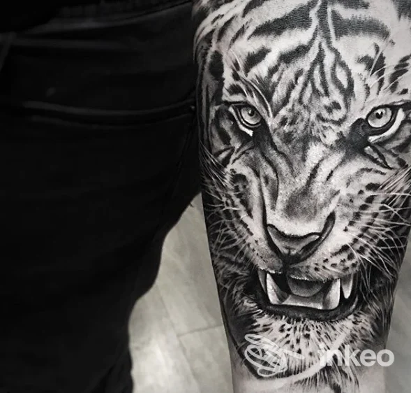 Tatuaggio realistico in bianco e nero di una tigre ruggente sull'avambraccio. Swan Song Tattoo Marconi, Roma.