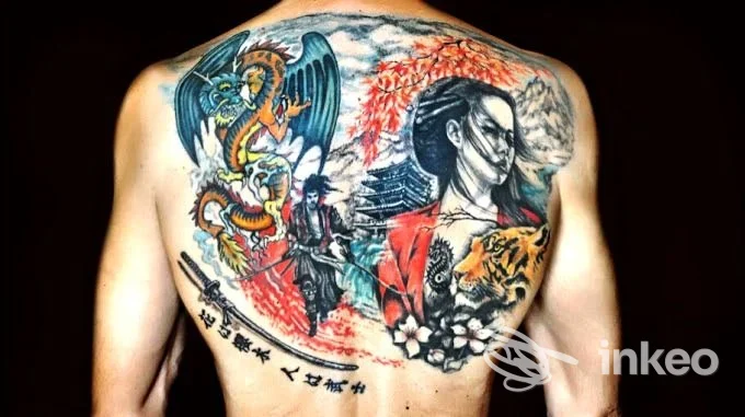 Ampio tatuaggio sulla schiena che raffigura personaggi, drago e tigre, foto fornita da TATUAGGI E TRUCCO PERMANENTE A ROMA - LIZA ATZORI, Roma.