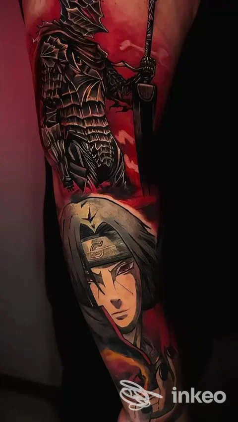 Tattoo su gamba raffigurante un guerriero in stile anime, realizzato da Neo Anime Tattoo Studio a Meda, con colori rossi e neri.