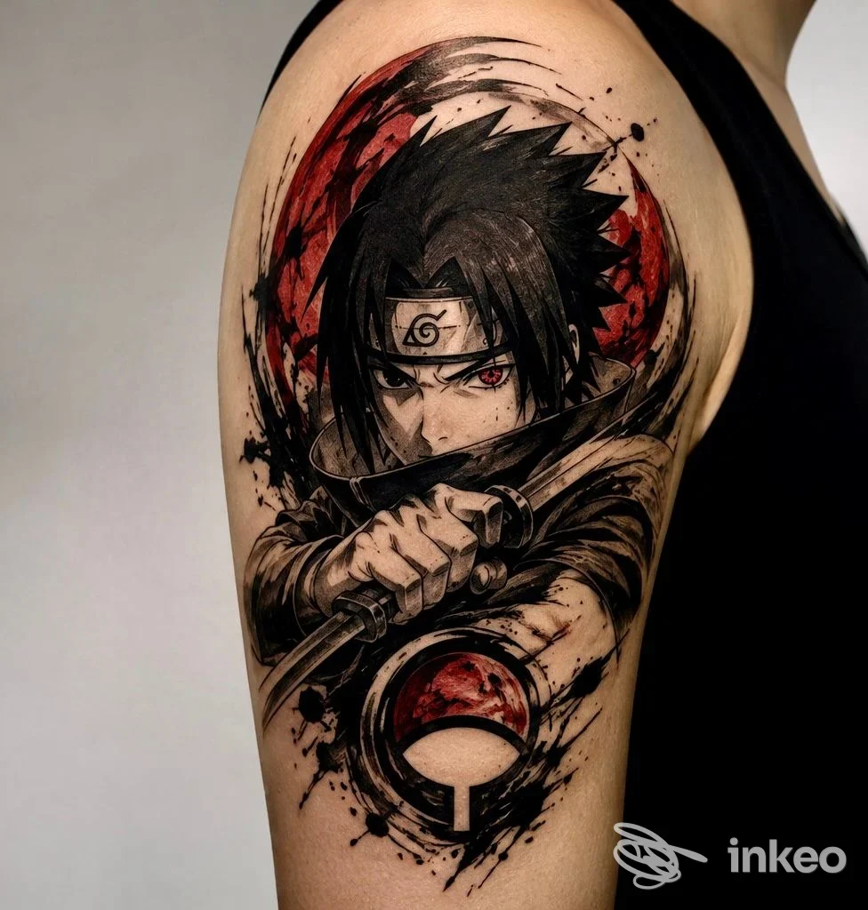 Grande tatuaggio a tema anime sul braccio superiore, realizzato da TATTOO49 ROMA a Roma, dettagli in nero e rosso.