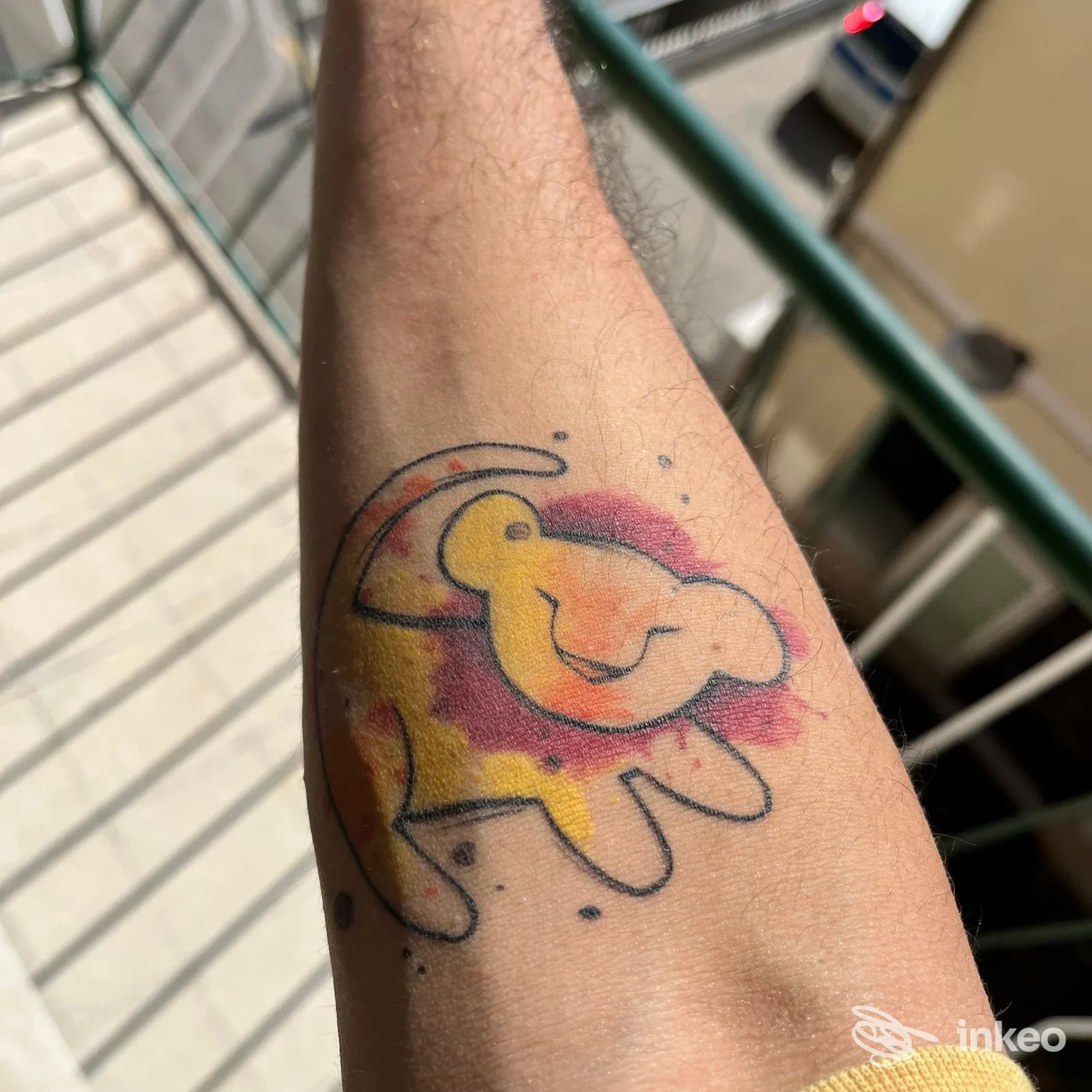 Tatuaggio colorato su avambraccio con contorni neri e riempimenti giallo e rosa sfumati — La Maison du Tatouage tatuaggi, Latina