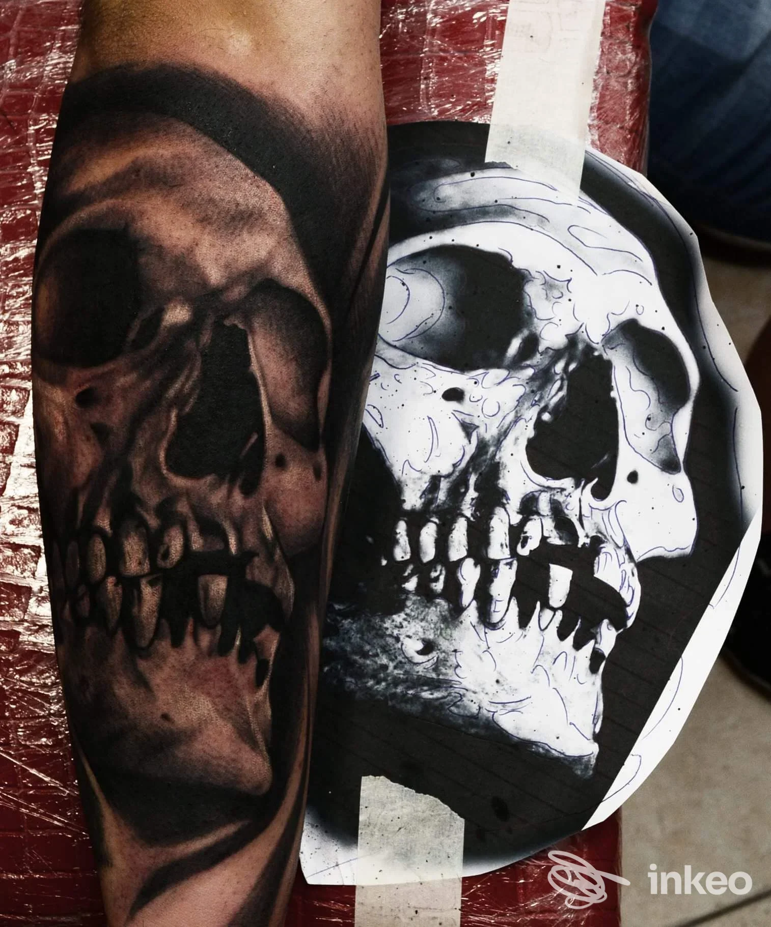 Dettaglio di un tatuaggio realistico a teschio sull'avambraccio, con il disegno cartaceo dello stesso vicino. Black Dragon Tattoo, Roma.