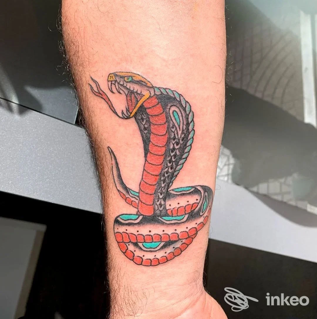 Tatuaggio cobra colorato sull'avambraccio, eseguito da Caligula Tattoo Studio a Roma.