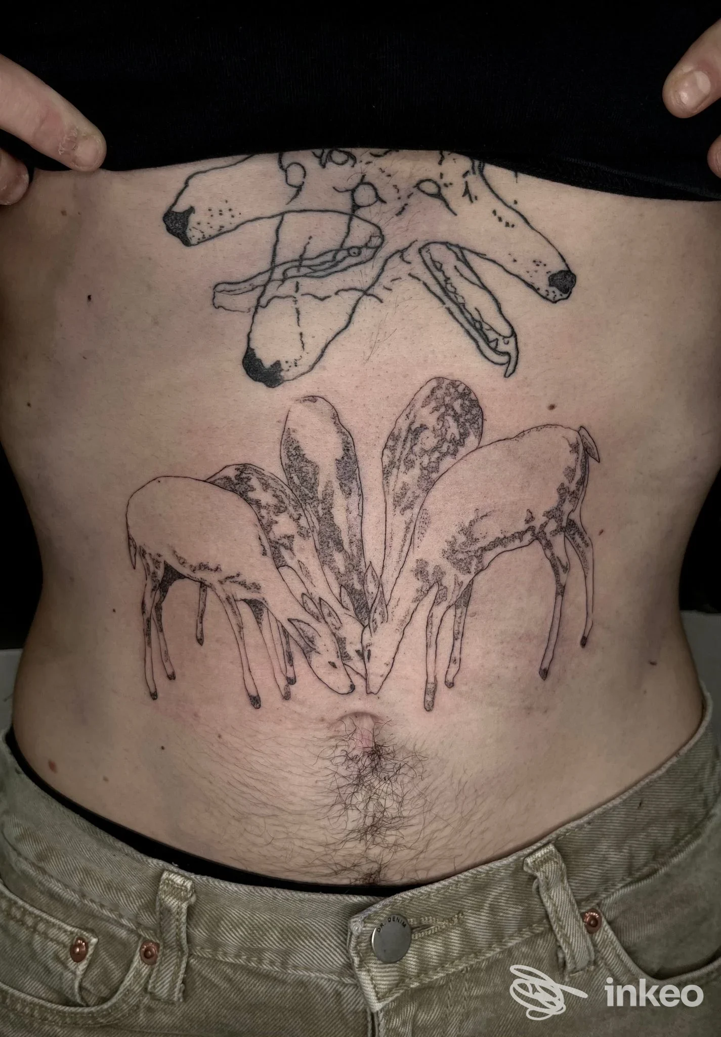 Tatuaggi in nero su addome e parte inferiore del torace, foto inviata da Centipede Tattoo Studio, Tivoli.