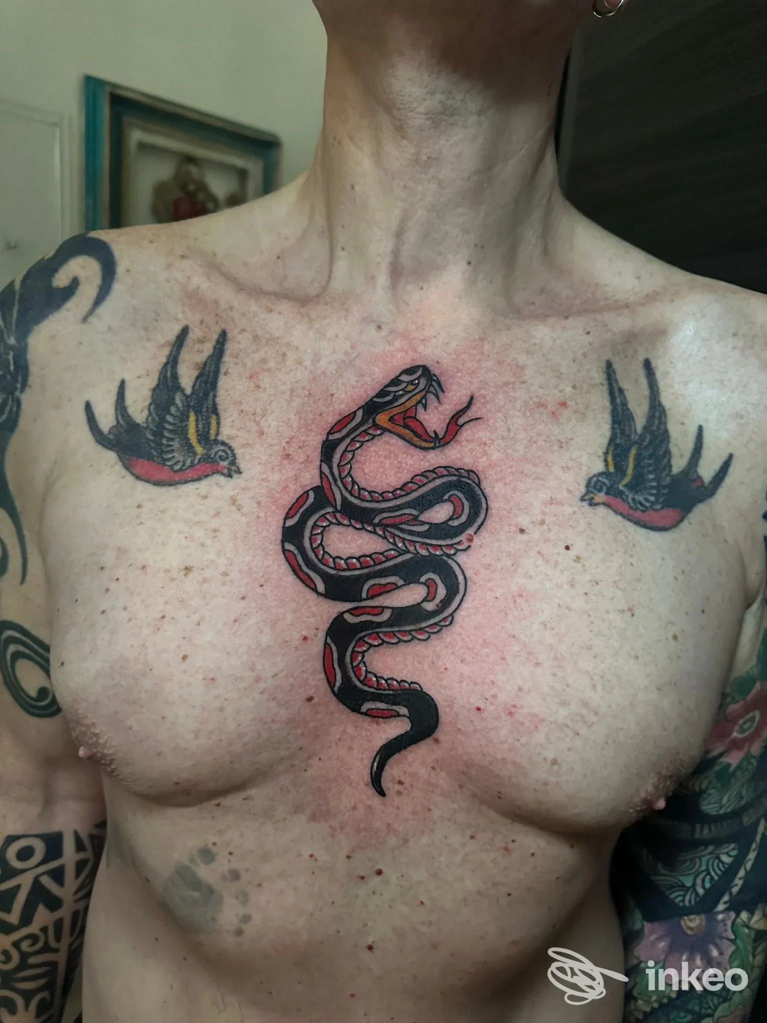 Tatuaggio a forma di serpente sul petto con rondini ai lati, immagine fornita da Cuore Sacro Tattoo e piercing, Roma.