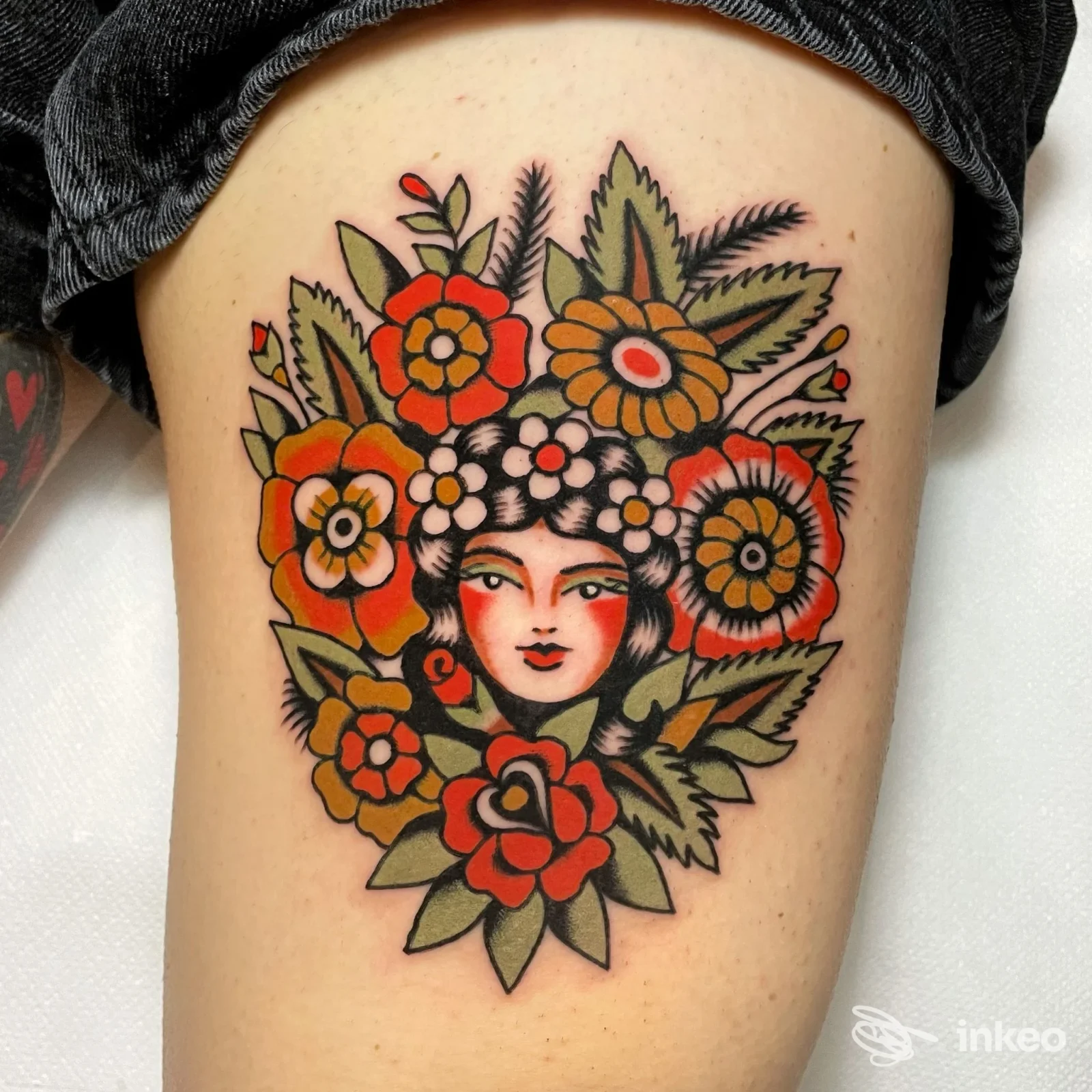 Tatuaggio tradizionale colorato sul lato della coscia con volto femminile e fiori — Flower Power - Tattoo & Piercing, Roma.