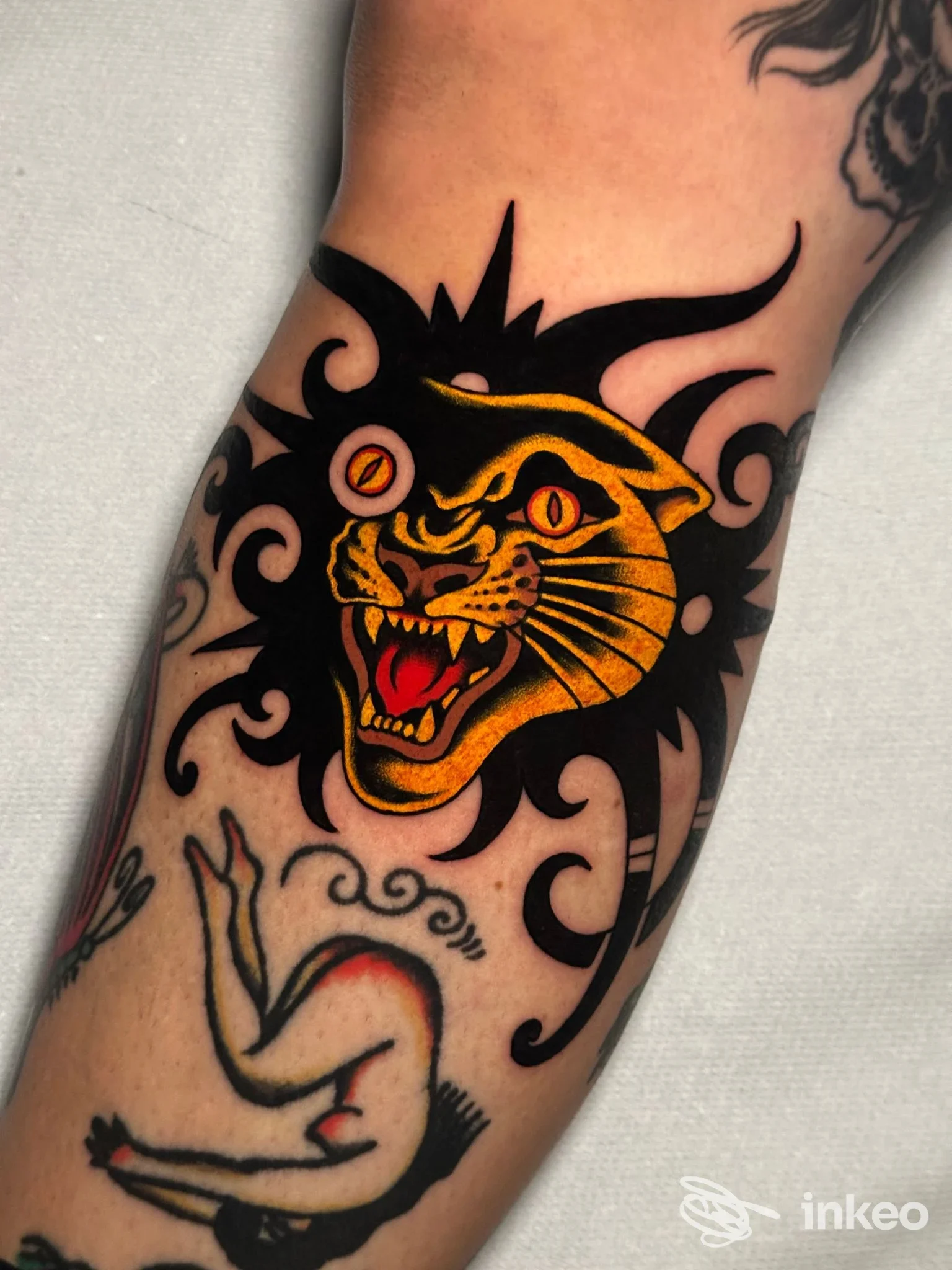 Tatuaggio neo-tradizionale di testa di felino in nero e giallo sull'avambraccio, lavoro eseguito da Fronte Del Porto Tattoo, Roma.
