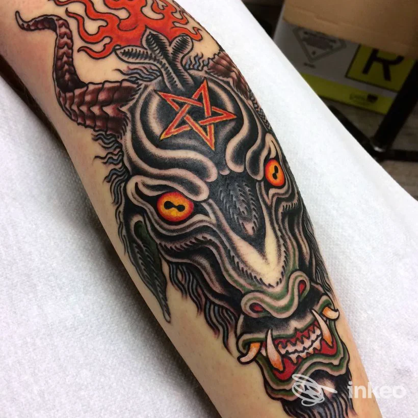 Tatuaggio testa di capra demoniaca sull'avambraccio, Ink For Blood Tattoo & Piercing, Roma.