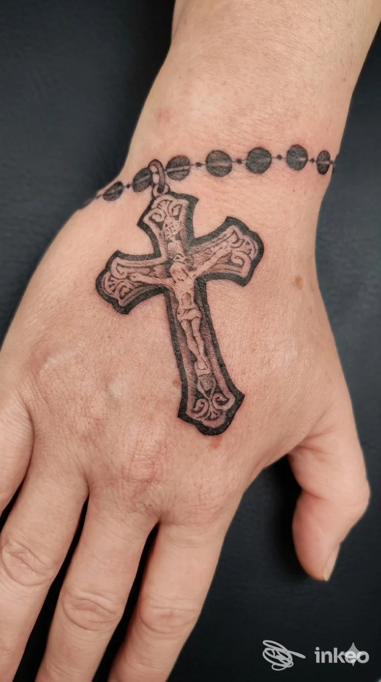 Tatuaggio su dorso della mano: croce decorativa con ornamenti, accompagnata da una catena di perline che richiama un rosario, visibile su pelle reale senza volto.