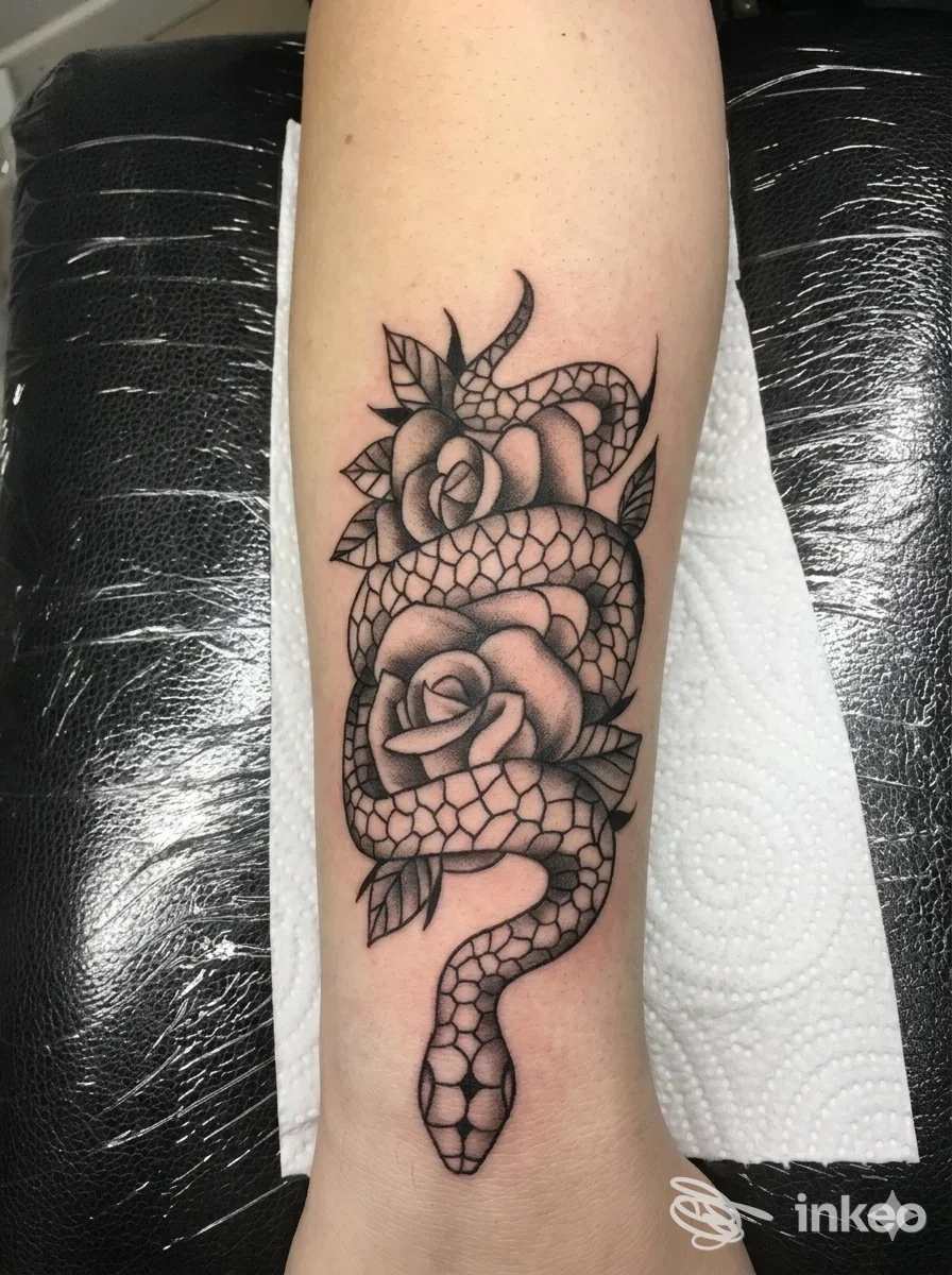Tattoo nero su avambraccio raffigurante serpente intrecciato tra rose, con linee nette e shading, eseguito sulla pelle del braccio sinistro.