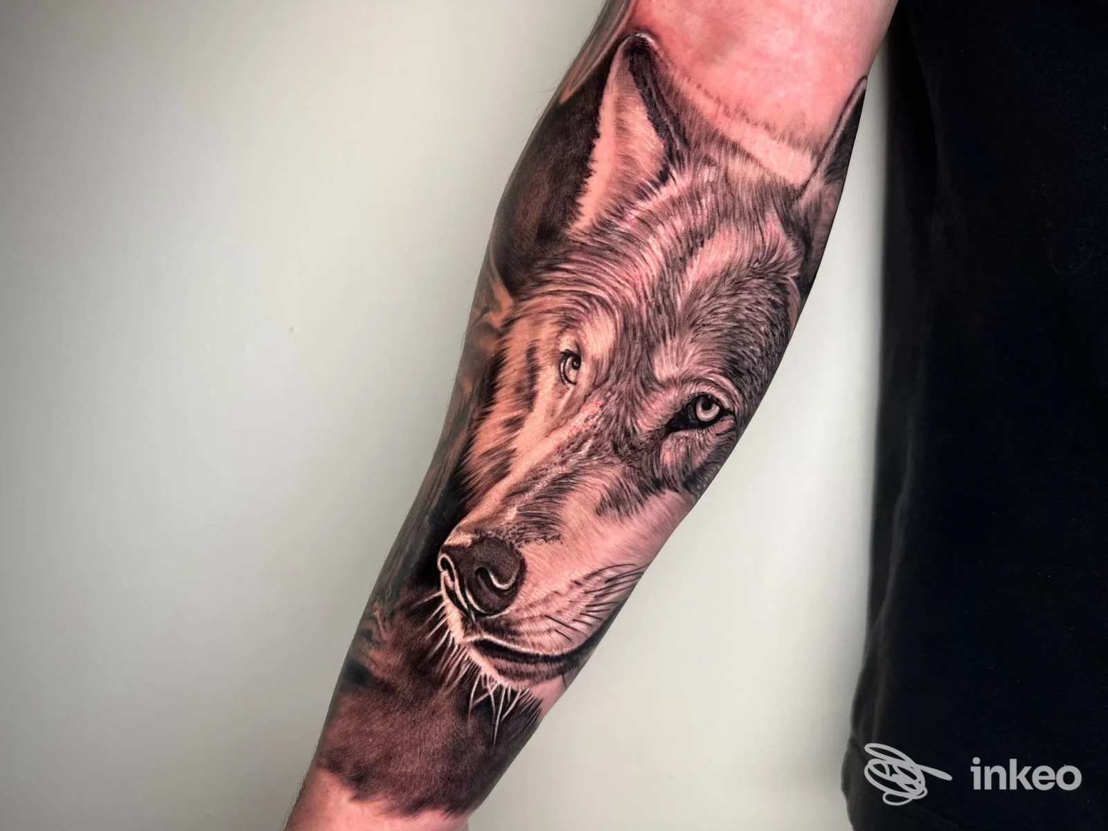 Grande tatuaggio a Roma presso Manhattan Ink Tattoo: testa di lupo dettagliata sull'avambraccio di una persona, sfondo neutro.