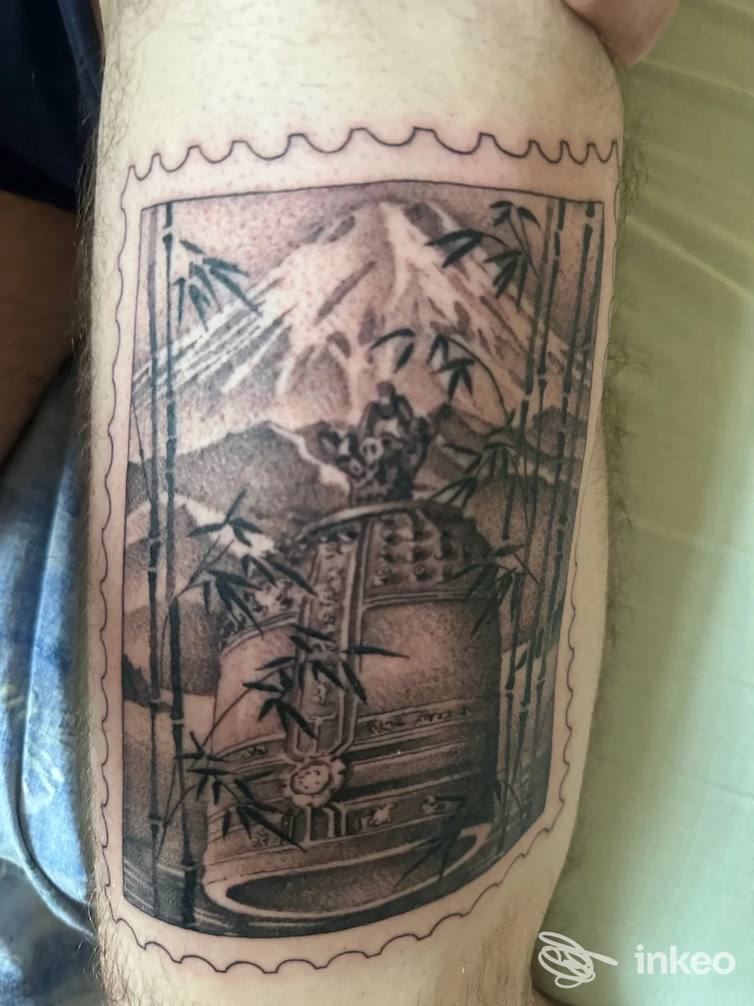 Tatuaggio blackwork su coscia/polpaccio con scena incorniciata: bambù, vaso decorato e montagna. Osu Tattoo Shop, Roma.