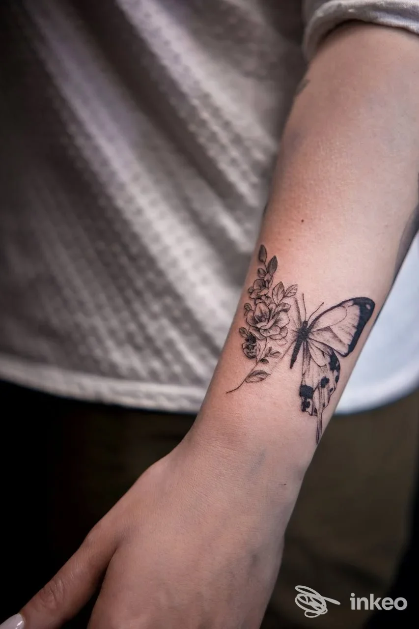 Tattoo su avambraccio sinistro raffigurante una farfalla e un bouquet di fiori, eseguito sulla pelle.,
